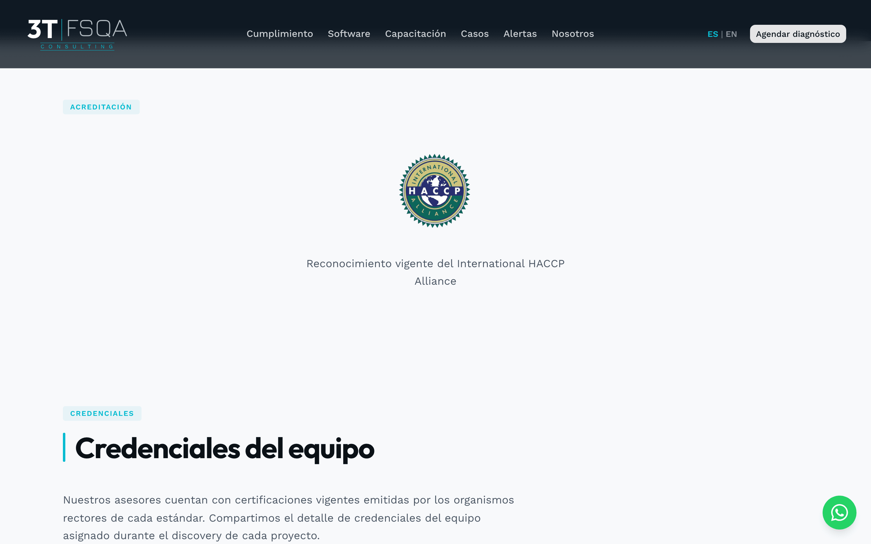 Página Nosotros con badge Approved Trainer de International HACCP Alliance