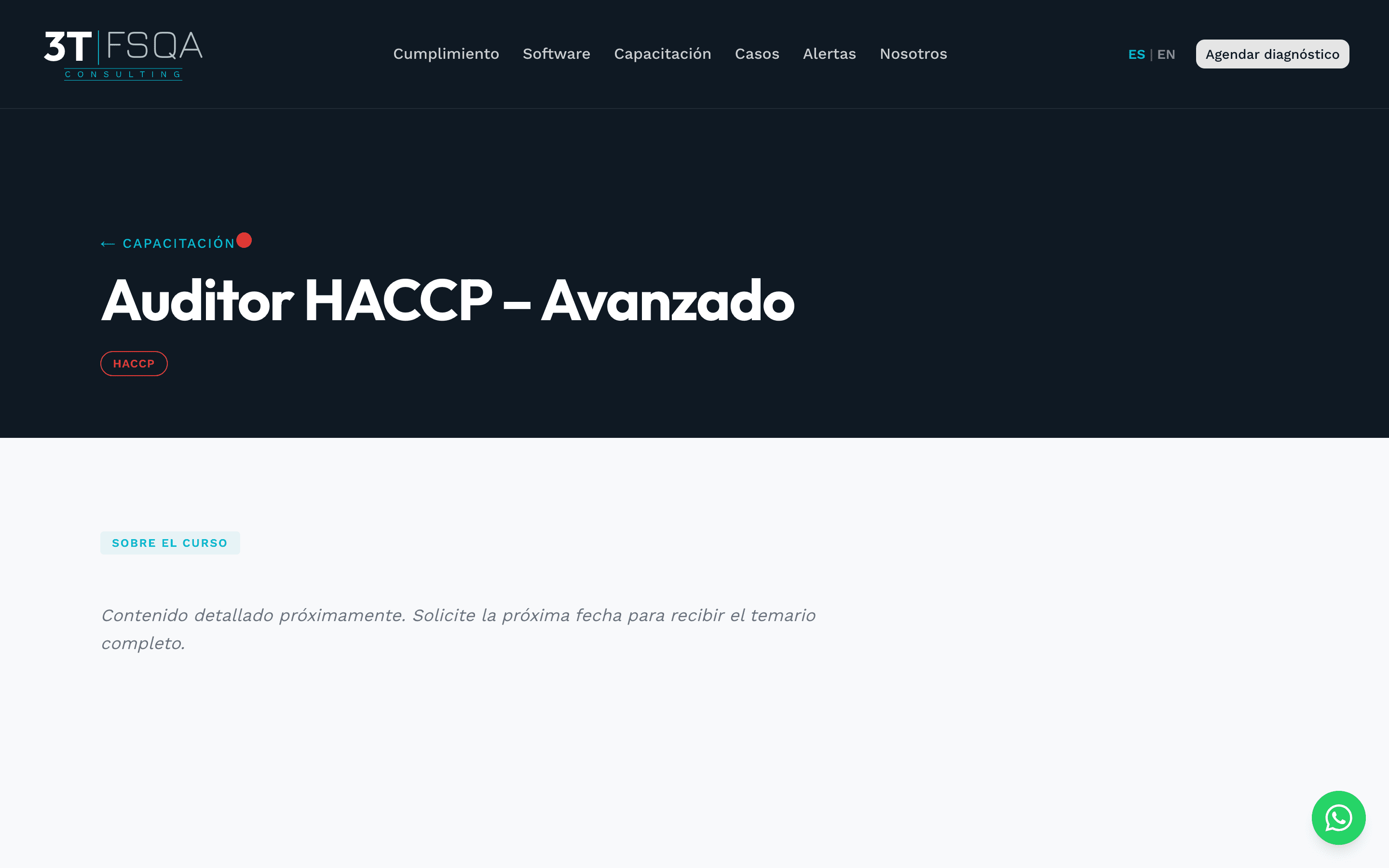 Detalle de curso Auditor HACCP Avanzado con checkout Stripe