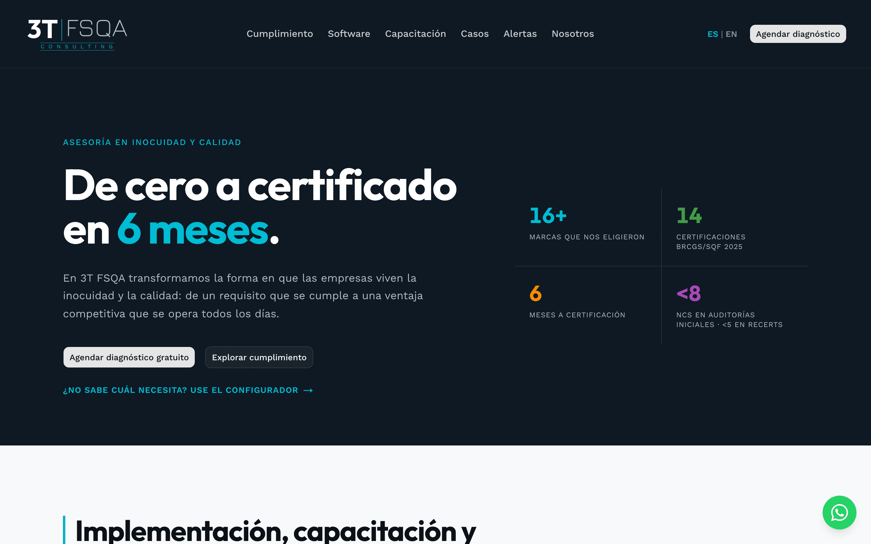 Home del sitio 3T FSQA Consulting con hero editorial y estadísticas de certificación